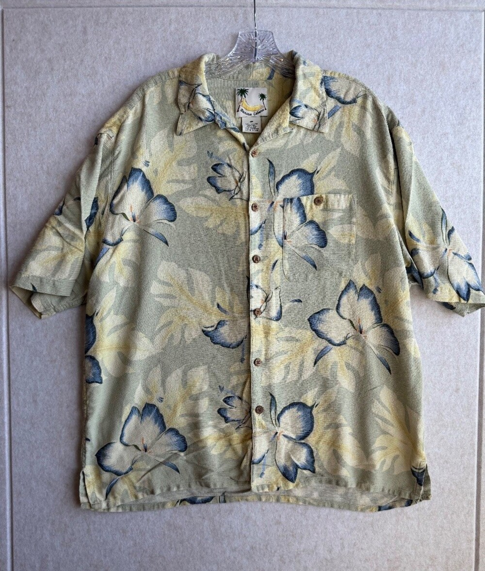 Banana Cabana Hawaiian Shirt Mens XXL 100% Silk Blue Floral Camp Aloha